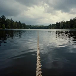 symmetrical photograph of a very long rope on the surface of the water, the rope is snaking from the foreground stretching out towards the center of the lake, a dark lake on a cloudy day, trees in the background, moody scene, dreamy kodak color stock, anamorphic lens