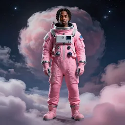Cinematic full body portrait of Lil Uzi Vert wearing a pink spacesuit, cinematic photograph, matte painting, trending on artstation, space clouds art