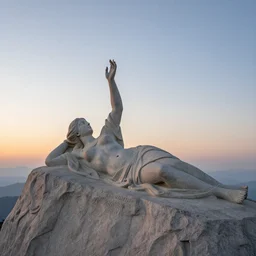 a detailed colossal magnificent stone sculpture carved from the top of a massive mountain of an elegant woman lying flat on the ground with one hand raised to the sky, fine detail, sunrise on the horizon in the background, stone hand raised up, 8 k, in an art nuova style