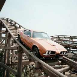 a 1 9 6 6 pontiac gto driving on a wooden rollercoaster, suspenseful photograph, fujifilm quicksnap 4 0 0 photography