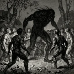 the most terrifying shadow entity stalking a group of people, gustave dore style