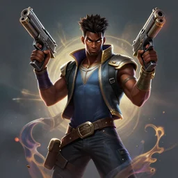 league of legends champion splashart of a black guy that holds a gun in every hand