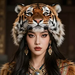 portrait of siberian princess, tiger hat, intricate, sharp focus, octane render, realistic, photo, detailed, beautiful, unreal engine, symmetrical!!, loreal, maybelline, sephora, loreal, artstation, art by artgerm, rossdraws, art by karol bak, makeup by pat mcgrath, cinematic, concept art, filmic, vsco