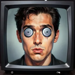 upper half portrait of a man with spiral eyes droolingn inside of a distorted tv reality - in drew struzan movie poster style, art by drew struzan & hsiao - ron cheng, highly detailed, digital painting, ray tracing, illustration, smooth, sharp focus, intricate, symmetry, artstation,