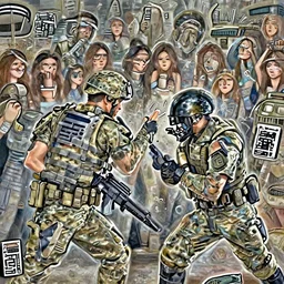 depiction of the duel Navy SEAL , girls in the background by frank miller, illustration by Ruan Jia and Mandy Jurgens and William-Adolphe Bouguereau, Artgerm, 4k, digital art, surreal, space dandy style, highly detailed, godsend, artstation, digital painting, concept art, smooth, sharp focus, illustration by Ruan Jia and Mandy Jurgens and William-Adolphe Bouguereau,