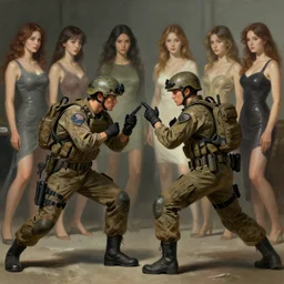 depiction of the duel Navy SEAL , girls in the background by frank miller, illustration by Ruan Jia and Mandy Jurgens and William-Adolphe Bouguereau, Artgerm, 4k, digital art, surreal, space dandy style, highly detailed, godsend, artstation, digital painting, concept art, smooth, sharp focus, illustration by Ruan Jia and Mandy Jurgens and William-Adolphe Bouguereau,
