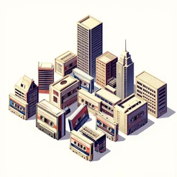 an isometric view of a city made of buildings in the shape of cassette tapes, painted in the style of moebius and aaron horkey, rectilinear, trending on artstation
