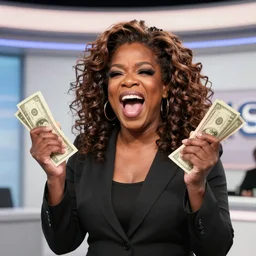 oprah screaming, holding dollar bills, in studio
