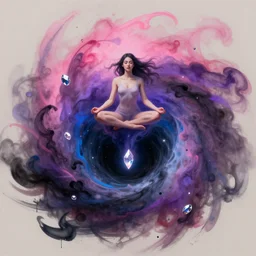 a surrealistic portrait of a meditating woman floating above a black hole, the birth of the singularity, crystal, airbrushed, smoky swirls of pink purple black blue cream nebulae, dark, a gate to infinity, vibrant colors, neonpunk, paint splashes, shadows, rule of thirds, detailed digital matte painting by kim jung gi and greg rutkowski