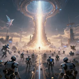 a centered render digital materverse utopia in the sky, shining its light across a tumultuous robot sea of digital robots and fairy, cyber punk, futurism, unreal engine, high detailed, 8 k, magic hour, the end of the world, no fog