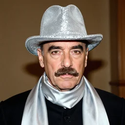 color photo of vincent price with a lampshade style mustache, wearing silver shriner like velvet sequin hat, wrapped in a silver silk scarf, nehru wizard jacket