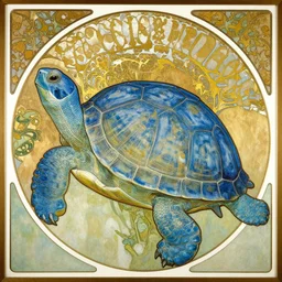 beautiful art nouveau painting of a blue turtle by alphonse mucha, masterpiece