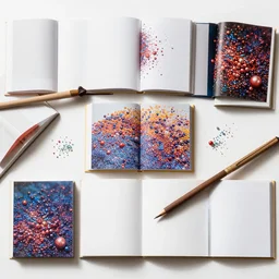 flatlay book collection, scattered pearls vivid colors, dramatic lighting