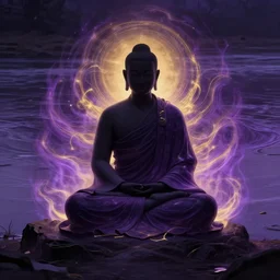 a dark silhouette of a meditating monk on the river bank, pulsating waves of violet - gold energy emanate from the monk, hyper derailed 8 k,
