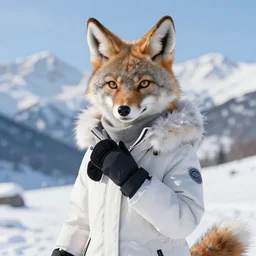 beautiful portrait of a female anthropomorphic coyote fursona wearing a snow coat in the snowy mountains. gloves. character design by charlie bowater, ross tran, artgerm, and makoto shinkai, detailed, soft lighting, rendered in octane