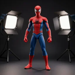 Spiderman action figure, photo studio lights, octane render, 8k, dark
