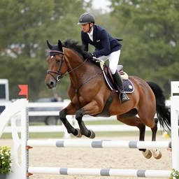 a man jumping a brown horse over an obstacle.