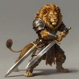 fantasy book about a medieval lion warrior fighting with a sword, digital art, detailed, realistic, artstation