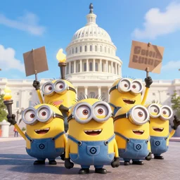 4K physically based octane render footage of a bunch of Minions, storming the Capitol, waving signs, carrying torches, photorealistic
