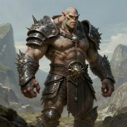A muscular, large fanged orc with pale skin covered in scars stands near the hills, wearing spiky, complex, detailed armor without a helmet. Extremely high detail, realistic, fantasy art, masterpiece, art by Zdzisław Beksiński, Boris Vallejo, Arthur Rackham