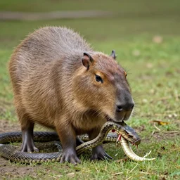 a large snake eating a capybara,