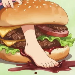 anime girl getting devoured feet first by a giant hamburger