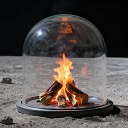 a campfire inside of a large glass dome on the surface of the moon