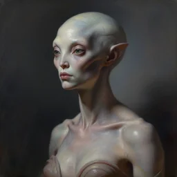 portrait of nonhuman extraterrestrial female lifeform, three quarter view, intelligent, dramatic lighting, painted by andreas rocha