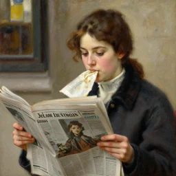 portrait girl eating girl, streetwear, reads newspaper, detail beautiful face, oil painting by j. c. leyendecker