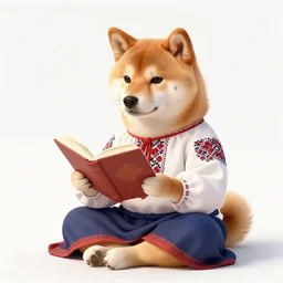 lotus pose, anthropomorphic shiba inu, wearing ukrainian fasshion model traditional vyshyvanka clothes, reading book art of war, portrait art by donato giancola and greg rutkowski, realistic face, digital art, trending on artstation, symmetry