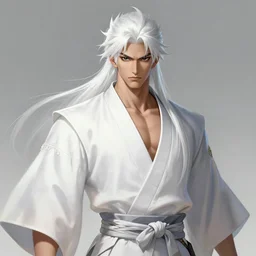 a highly detailed illustration of fierce white haired attractive young japanese man wearing white hakama, black eyes, dramatic serious pose, muscular, intricate, elegant, highly detailed, centered, digital painting, artstation, concept art, smooth, sharp focus, league of legends concept art, wlop