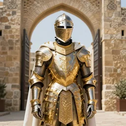 man in decorated with gold in baroque style crusader armor, helmet hiding his face and white cape standing at the gates of jerusalem drawn by greg rutkowski realistic high detail