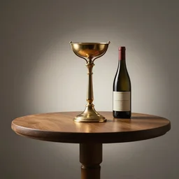 photo realistic table with the holy grail and a wine bottle. last supper table. studio lighting, award winning photography, professional photography, volumetric lighting