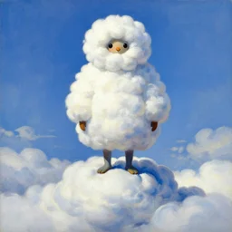Portrait of the Nimbus Cloud King wearing a poofy marshmallow coat whilst standing atop a cloud-covered mountain peak paul klee andrew wyeth edawrd hopper tom bagshaw stanton feng bastien lecouffe-deharme tombow oil painting