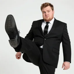 A clean-shaven chubby white man wearing a black suit and black necktie and black dress shoes kicking his foot at the camera