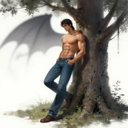 musclebound shadow demi - dragon man wearing jeans leans against a magical tree romance novel fantasy artwork epic detailed and itricate digital painting trending on artstation by wlop octane render