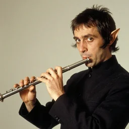 album cover of a 3 / 4 view of a nosferatu playing the flute, elf ears, looking at the camera, 8 0's funk, vintage, soft grainy