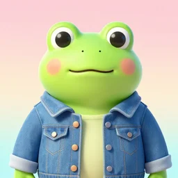 full head photo portrait of a cute frog made of jeans jacket, medium shot, pastel gradient background, super realistic, crisp details, sharp, detailed, intricate, volumetric lights, cinematic, shot with hasselblad, octane render