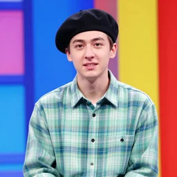a thin guy with a big nose and an overbite wearing a beret and a palid green plaid shirt on a quiz tv show, coloful, vibrant colors