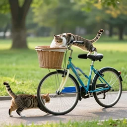 photo cats stealing and riding a bicycle in a park in the afternoon