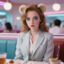 the most beautiful cybercore bear diner, casual elegant suit, blue moe eyes, angelic detail, scene from a nicolas winding refn movie