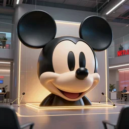 giant cyber mickey mouse head in netflix office, by beeple, golden ratio, cyberpunk, futuristic, sci - fi, octane render, unreal engine 5, trending on artstation, 8 k