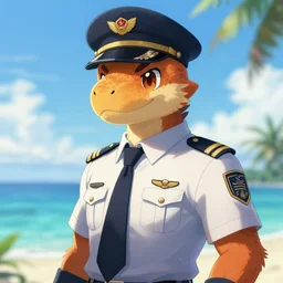 character portrait feature of the anthro male anthropomorphic velociraptor fursona wearing airline pilot outfit uniform professional pilot character design stylized by charlie bowater, ross tran, artgerm, and makoto shinkai, detailed, soft lighting, rendered in octane, maldives in background