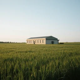 A serene landscape with a singular building in the style of Arri Alexa Cooke 25mm