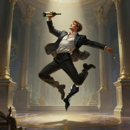 Ultra realistic full shot of a male model boisterously dancing around the room by himself holding an empty wine bottle as he jumps in the air, cyberpunk, sci-fi, fantasy, Kodak colour led, soft light, volumetric lighting ,night, intricate, elegant, highly detailed, digital painting, artstation, concept art, smooth, sharp focus, illustration, art by artgerm and greg rutkowski and alphonse mucha