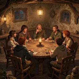7 people sitting at a table and talking inside a tavern, fantasy art, cozy, dnd, digital art, 4 k