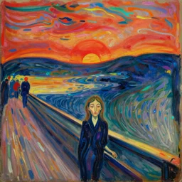 lovers in the turbulent river. red sun setting through the storm clouds. iridescent, vivid psychedelic colors. painting by munch, agnes pelton, egon schiele, henri de toulouse - lautrec, utamaro, monet