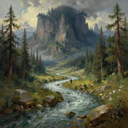 fantasy stone age river landscape, beautiful mystical view, massive magic dark forest in the distance, surrounded by pine trees, artstation, unreal render, 8 k, oil painting, painted ruan jia raymond swanland lawrence alma tadema zdzislaw beksinski norman rockwell tom lovell alex malveda greg staples