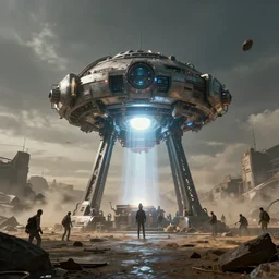 teleportation machine in a post - apocalyptic world, with people using it to escape the wasteland, the machine is a large metal contraption with a bright light in the center