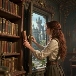 highly detailed digital illustration of a young woman opening a bookcase to reveal a hidden door in an abandoned fantasy castle | fantasy art, cryengine, concept art, photorealism, daz 3 d, sketchfab, zbrush, vray, rule of thirds, golden ratio